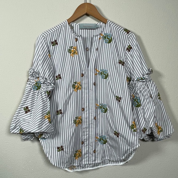 Silvia Tcherassi Tops - Silvia Tcherassi Lucaya Blouse XS Gray Stripe Floral Embroidered Puff Sleeve